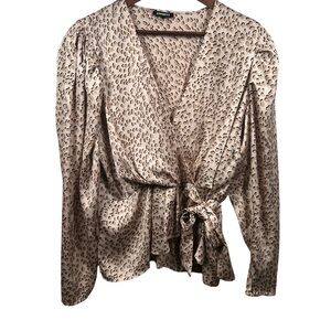 Express Faux Wrap Top Womens XL Pink Tan Animal Print Long Sleeve V Neck Blouse